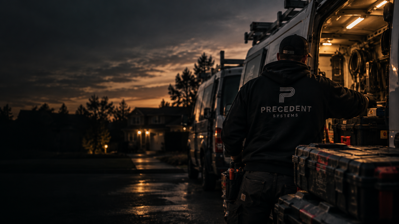 Precedent Systems technician preparing equipment beside a service van at sunset
